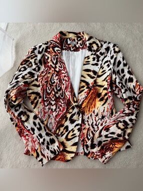 Cache Multicolor Animal-Print Blazer with Red Pearls Sparkly Rhinestones